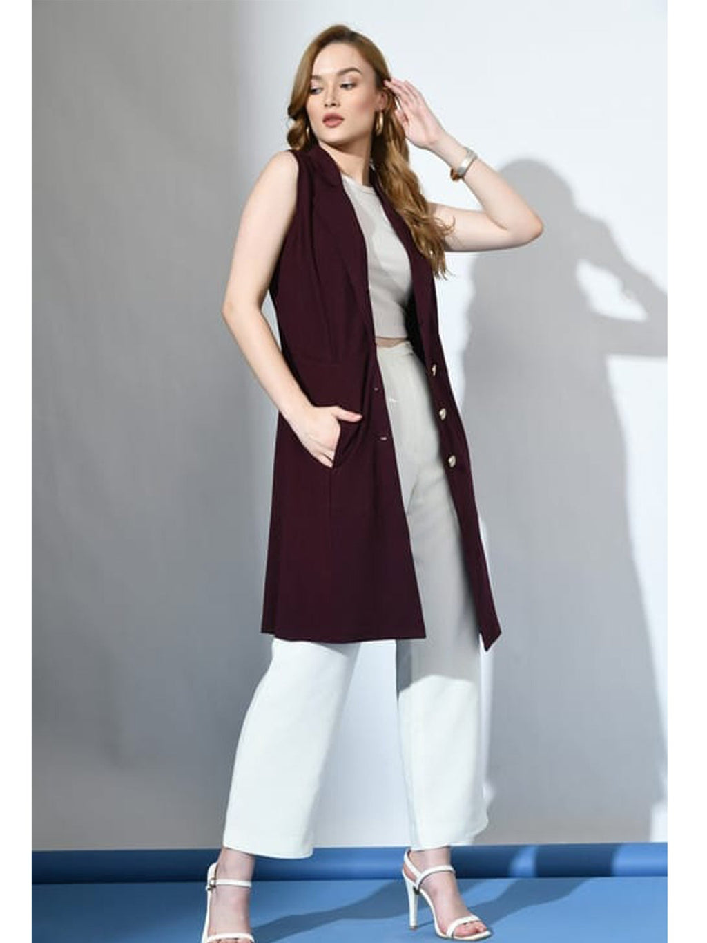 Ladies Maroon Sleeveless Trench coat