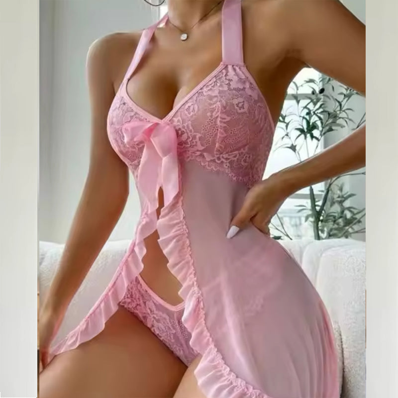 2 Piece Floral Net Night Dress Pink