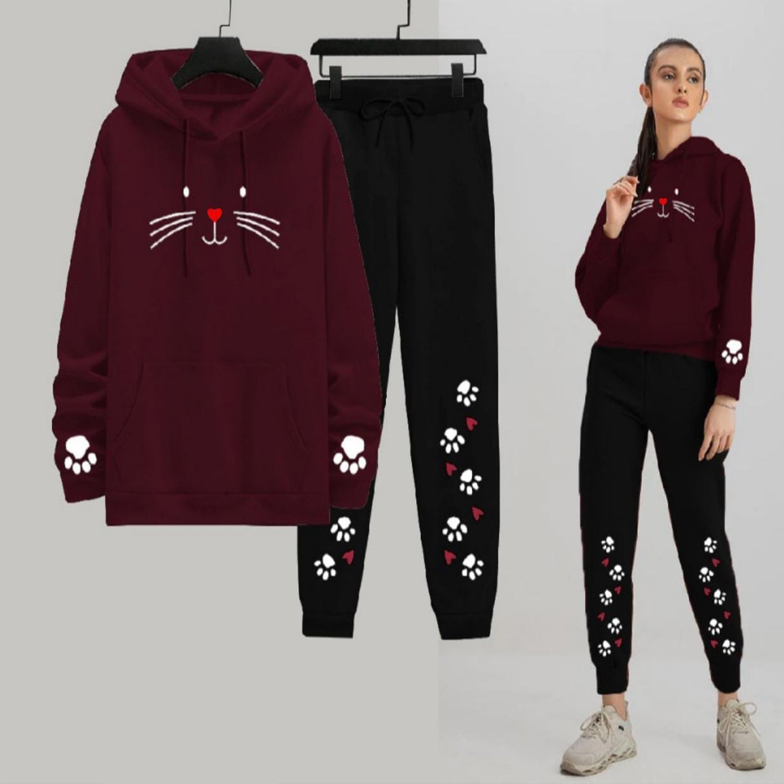 Women's Meow Printed Hoodie Tracksuit